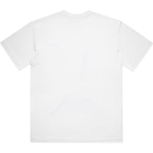 A white t-shirt with a plain back and short sleeves. The shirt features a logo.