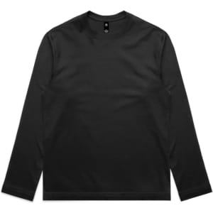 A black long-sleeve t-shirt with a round neckline and a label at the collar. It features a logo.