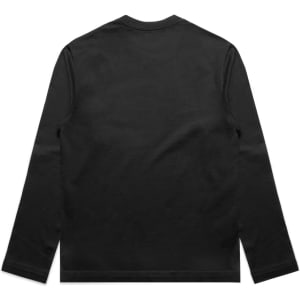 A black long-sleeve T-shirt with a plain back and a logo on the back neckline.