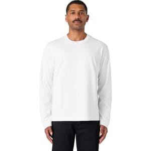A white long-sleeve T-shirt with a round neckline, modelled by a man. It features a logo on the chest.
