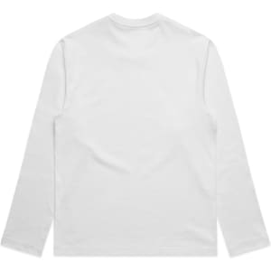 A white long-sleeve t-shirt with a plain back view and a logo on the label.