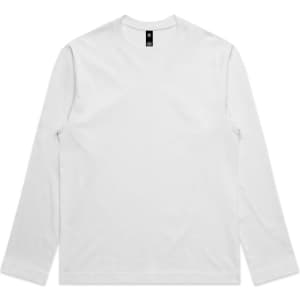 A long-sleeve white t-shirt with a crew neck and a logo tag on the collar.