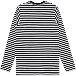 A long-sleeve T-shirt featuring horizontal black and white stripes, with a simple design and a branding logo.