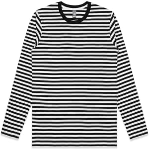 A long-sleeve tee featuring black and white horizontal stripes, with a contrasting black neckline and an attached logo.