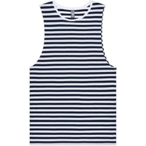 A striped singlet in navy blue and white, featuring a round neckline and a branding label.