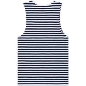 A sleeveless singlet featuring navy and white horizontal stripes, with a simple design and a logo on the back.