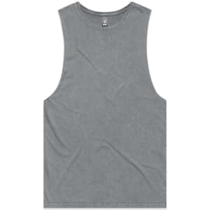 A stone wash tank top in a muted green colour with a logo at the neckline.