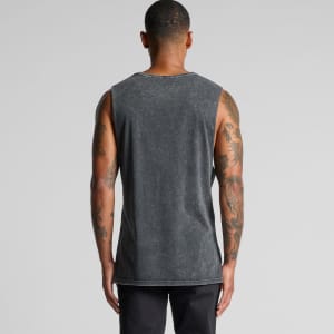 A grey stone wash tank top featuring sleeveless design and a subtle logo on the back.