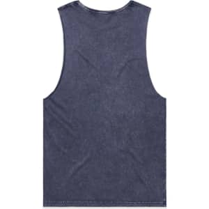 A stone wash tank top in a dark blue hue, featuring a sleeveless design and a brand logo.