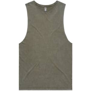 A stone wash tank top in an olive green colour with wide armholes and a round neckline. It features a logo.