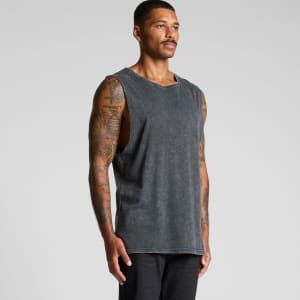 A tank top in a stone wash finish, featuring a relaxed fit and armholes, with a logo on the side.