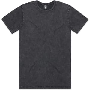 A dark grey stone wash t-shirt with a classic round neck and short sleeves, featuring a logo on the label.