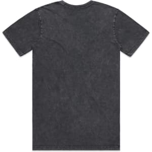 A grey stone wash T-shirt featuring a simple design and a logo on the back.