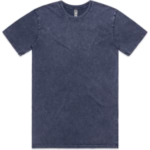 A blue stone wash t-shirt with a round neck and short sleeves, featuring a logo on the label.