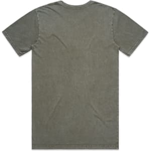 A khaki green T-shirt with a simple design and a logo on the back. It's made from stone-washed fabric.