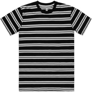 A black and white striped T-shirt with short sleeves and a round neckline, featuring a logo.