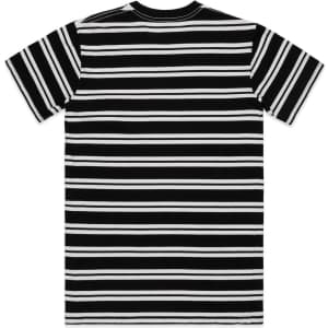 A black and white striped T-shirt with short sleeves and a classic design, featuring a logo on the back.