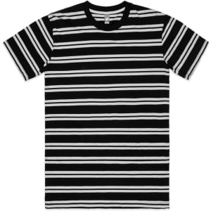 A black and white striped t-shirt with a crew neck and short sleeves, featuring a logo on the label.