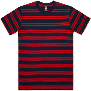 A classic stripe tee featuring navy and red horizontal stripes, with a crew neck and short sleeves.