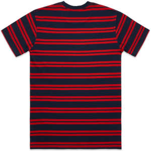 A navy blue t-shirt with red horizontal stripes and a logo on the back.