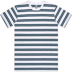 A striped t-shirt featuring horizontal blue and white stripes, with short sleeves and a crew neckline.