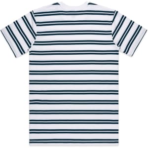 A striped t-shirt featuring navy blue stripes on a white background, with short sleeves and a crew neckline. There is a logo present.