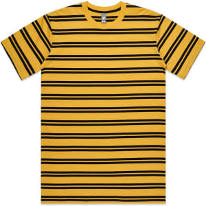 A yellow t-shirt with horizontal black stripes and a logo. The shirt has a classic crew neck and short sleeves.