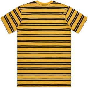 A striped yellow T-shirt featuring black stripes and a logo on the back.