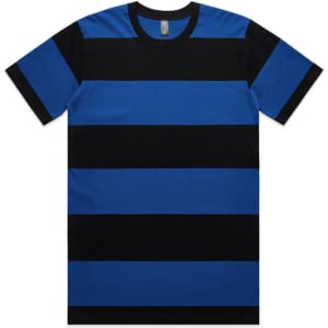 A blue and black striped t-shirt featuring a round neckline and short sleeves, with a logo on the label.