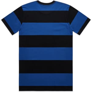 A blue and black striped T-shirt featuring a logo. The design includes wide horizontal stripes.