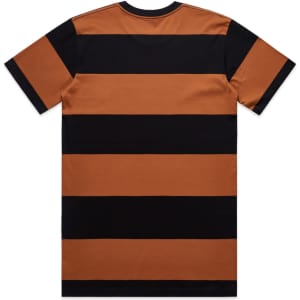 A t-shirt featuring wide horizontal stripes in orange and black. The back displays the stripe pattern.