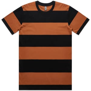 A striped t-shirt featuring wide black and orange stripes, with a round neckline and short sleeves.