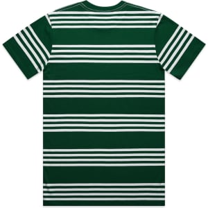 A green T-shirt featuring classic white quad stripes and a logo on the back.