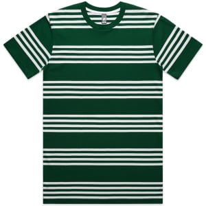 A green striped t-shirt featuring white quad stripes and a logo on the label. Short sleeves and a crew neckline.