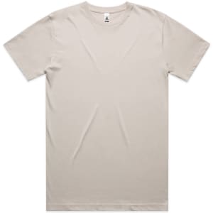 A beige Block Tubular Tee t-shirt featuring short sleeves and a crew neckline, with a small logo on the label.