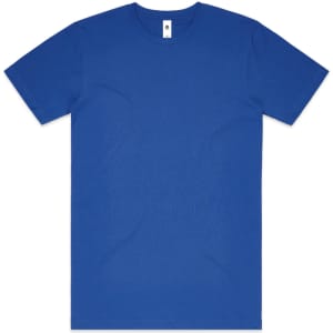 A blue t-shirt with short sleeves, featuring a simple design and a label inside the neck area.
