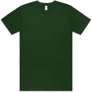A green t-shirt with a crew neck and short sleeves, featuring a logo tag.