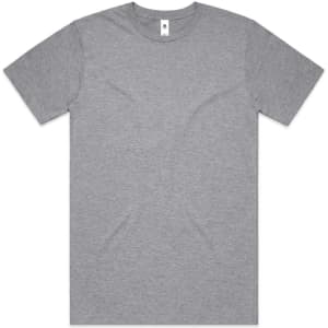 A grey t-shirt with short sleeves and a round neck, featuring a logo on the label.