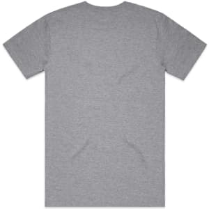 A grey t-shirt with short sleeves and a simple design, featuring a logo on the back.
