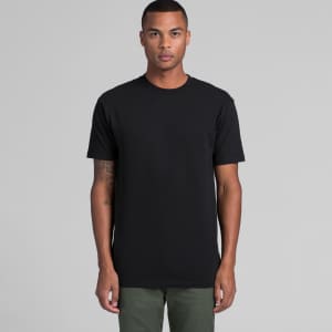 A black t-shirt with a classic fit, featuring short sleeves and a crew neck. It has a small logo on it.
