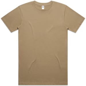 A beige t-shirt with short sleeves and a round neckline, featuring a branding label inside.