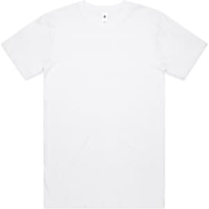 A plain white t-shirt featuring a short sleeve design and a branding label on the neckline.