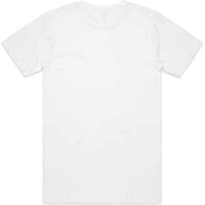 A white T-shirt featuring a crew neck and short sleeves, designed as a basic staple item.