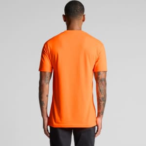 An orange work t-shirt displayed from the back, featuring a logo on the upper area.