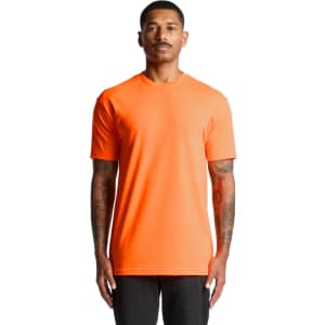 An orange work t-shirt with a round neck and short sleeves, featuring a logo on the front.