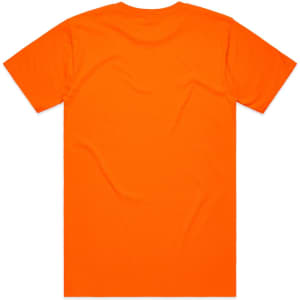 An orange work t-shirt featuring an unfinished back design and a logo on the neck area.