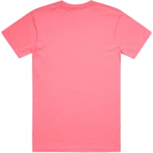 A vibrant pink work T-shirt featuring a simple design with a logo on the front.