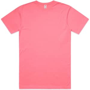 A pink work t-shirt featuring a plain back design and a logo on the neckline.
