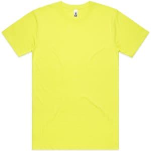 A bright yellow work t-shirt featuring a crew neck and short sleeves. It has a simple design and a logo.