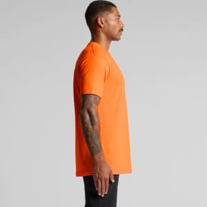 An orange work t-shirt displayed from the side, featuring a simple design and a logo on the chest.